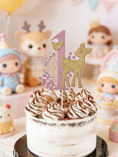 1pc Deer Theme Birthday Cake Topper, Baby Birthday Party Cake Decorations, Suitable For 1st Birthday Celebration, Featuring Pink And Gold Deer And Butterfly Design