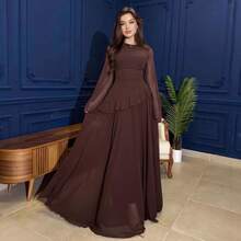 1Pcs Women's New Pure And Alluring High-End Round Neck Slim Fit Long Sleeve Dress - 咖啡棕 - 查看 6
