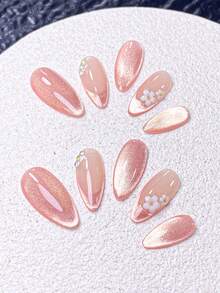 10片手工按压式美甲贴片，短款，假指甲，杏仁形，裸粉色，闪亮猫眼，柔和美感，春季美甲，低调闪粉渐变，手绘3D白色花朵和珍珠装饰，包含美甲工具，快速佩戴和卸除，适合女性和女孩的杏仁形美甲贴片 - 珊瑚橙 - 查看 7