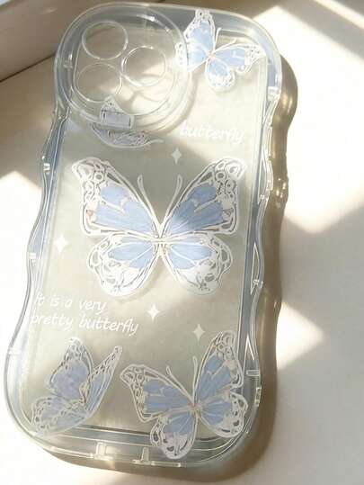 ブルーバタフライ 透明 スマホケース Apple 17、Apple 11対応、波 バブル 衝撃吸収 保護カバー Apple 14対応