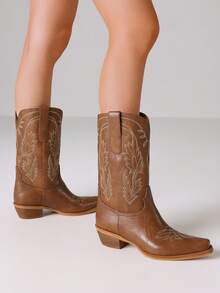 Women's Vintage Embroider Western Cowboy Boots Fashion Chunky Heels Pointed Toe Pull On Casual Party Retro Mid Calf Cowgirl Boots Woman - 棕色 - 查看 5