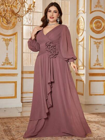 SUPGIR 灯笼袖刺绣串珠装饰V领褶裥前开衩晚礼服