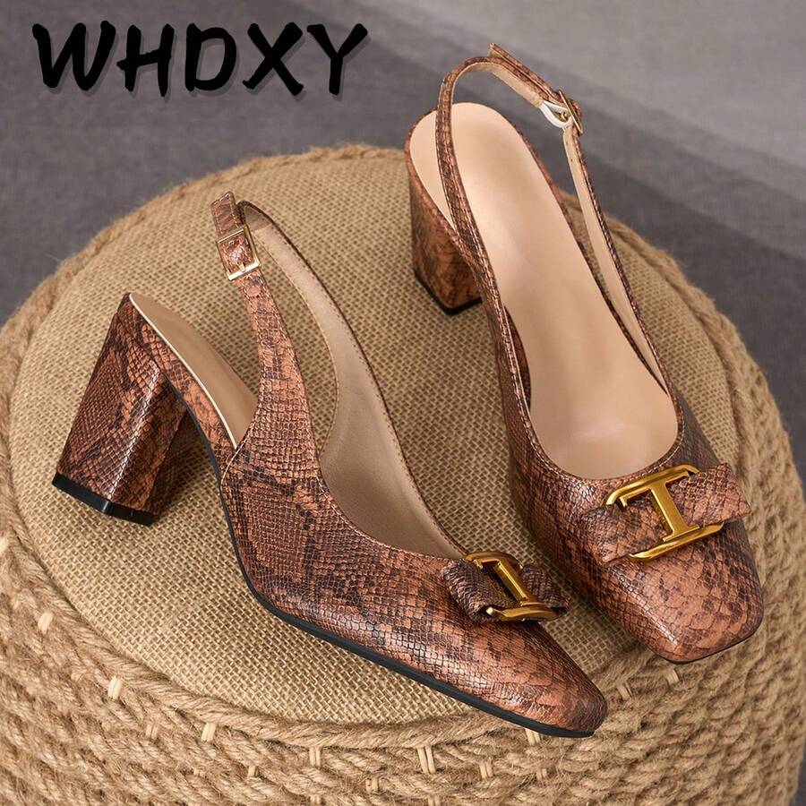 WHDXY 壓紋棕色後扣高跟鞋,方頭金屬扣 7cm 粗跟,復古優雅通勤約會高跟鞋 - 鏽棕色 - 查看 1