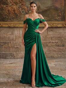 Sleeveless Woven Fabric Off-Shoulder Mermaid Formal Dress With Ruched Wrap-Around Long Gown - Green - View 6