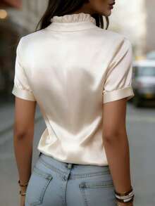 女士缎面无袖立领衬衫，无弹力常规版型，适合春夏秋季穿着 - 杏色 - 查看 3