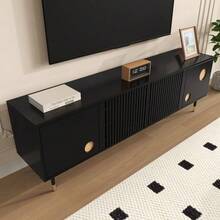 TV Cabinet With A Grid-Like Structure, Concealed Handle, And Gold Finish. Living Room Furniture. Two Solid Wood Doors. - Black - View 5