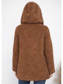Women's Warm Plush Teddy Casual Jacket With Pockets - Autumn/Winter - Rust Brown - View 3