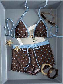 Bộ bikini 2 món dành cho nữ - Họa tiết ngôi sao với viền trơn, Áo hai dây cúp tam giác (điểm nhấn đính hạt), Quần short cạp cao, đồ bơi mùa hè thanh lịch cho kỳ nghỉ biển. - màu nâu - Xem 1