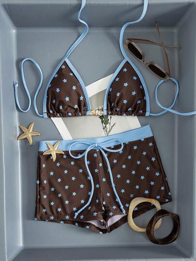 Women's 2-Piece Bikini Set - Star Print With Solid Trim, Triangle Cup Halter Top (Adorned With Bead Accents), High-Waisted Boy Short Bottom, Elegant Summer Beachwear, Women's Sling Swimsuit For Summer Beach Vacations