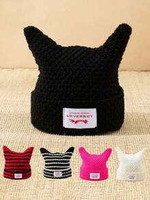 .1pc Men's Unique Cat Ears Sewn Label Y2K Knit Beanie, Suitable For Autumn/Winter Warm Daily Wear Halloween Fall Outfit.. U4LY - E - View 9
