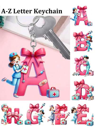 2D Flat A-Z Letter Cartoon Nurse Keychain, Nurse Pattern Pendant, Bag Charm, Creative Accessory, Car Key Chain, Suitable For Nurses, Doctors, Medical Workers, Gift, Nurses' Day Gift, Mother's Day Gift