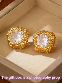 1 Pair Women's Elegant Synthetic Zirconia Retro Earrings, Sophisticated Square & Round Flower Stud Earrings, Suitable For Daily, Business, Vacation, Wedding, Party Wear, Anniversary, Ramadan, Mother's Day, Valentine's Day Jewelry Gift - Square Diamond Flower Stud Earrings - View 4