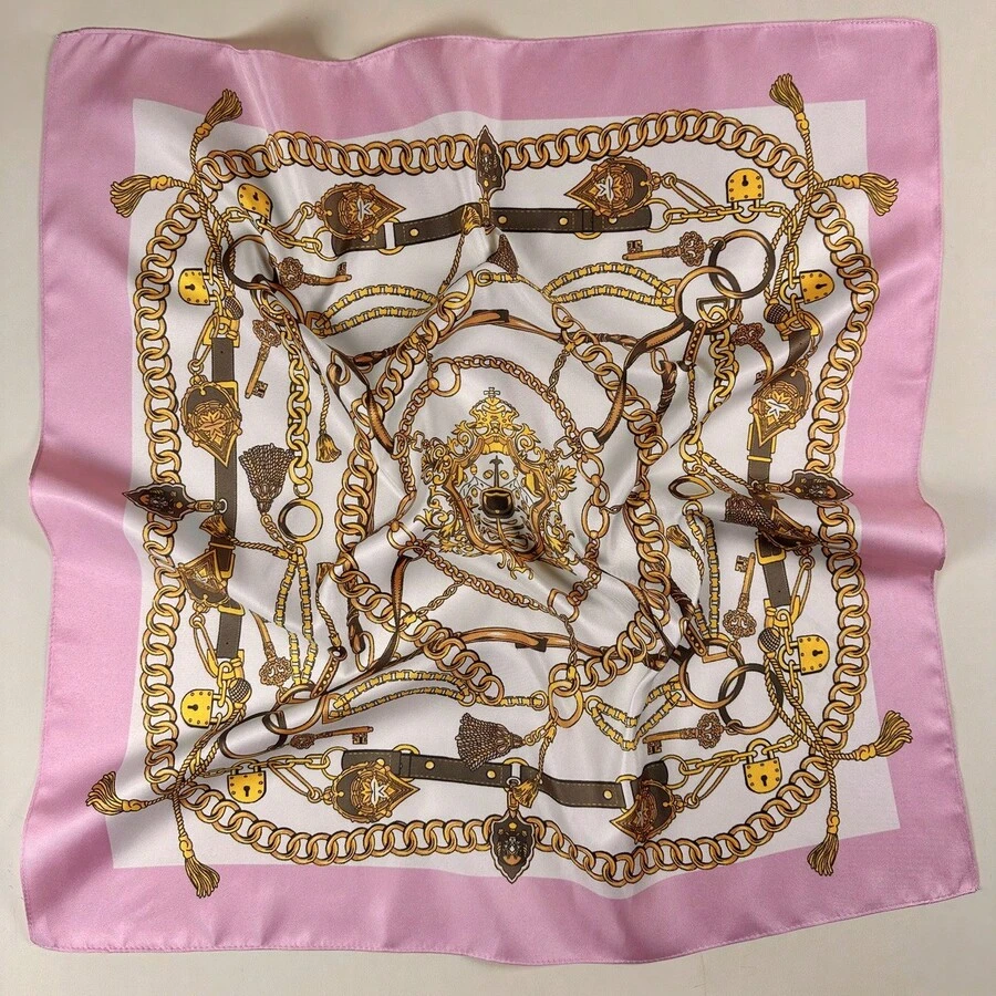 1pc Women's Square Silk Scarf With Chain Pattern, Elegant Neckerchief Headscarf Hair Accessory - Pink - View 1