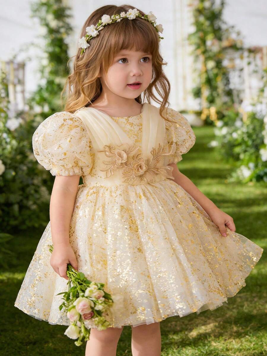 女婴香槟色泡泡袖网纱荷叶边连衣裙,公主风派对礼服,适合一周岁生日、婚礼、宴会、派对、节日庆典等场合。 - 香檳色 - 查看 1