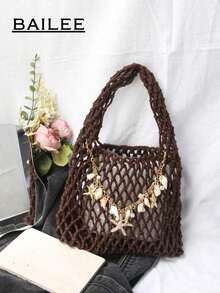 BAILEE 1 Set Polyester Crochet Mesh Bottom Multi-Color Solid Knitted Tote Bag, Quilted Pattern, Lightweight Portable Large Capacity Cute Fashion Beach Bag, Suitable Women, Young Professionals, Teachers/Girls - 咖啡 - 查看 3