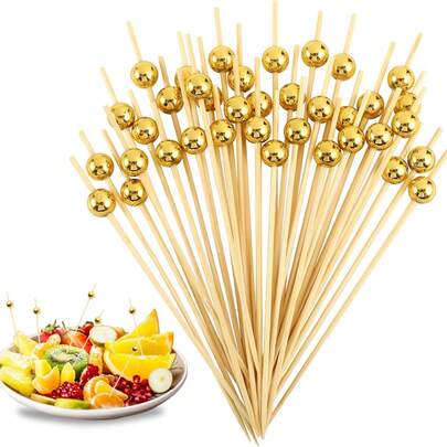 200/100/50/20 piezas Pinchos de fruta dorados, Tenedores de fruta de bambú, Pinchos de bambú decorativos, Etiquetas creativas para palitos de fruta, Decoraciones para fiestas, Suministros para fiestas, Decoraciones navideñas, Suministros navideños, Suministros escolares