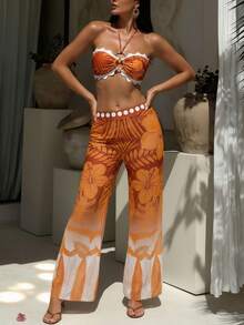 性感镂空环扣比基尼上衣搭配高弹半透明泳裤，女士度假比基尼套装 - 亮橙色 - 查看 4