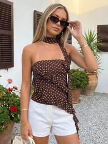 Women's Dot Print Tube Tops With Neckband Ruffle Asymmetrical Hem Summer Strapless Crop Bandeau - 深棕色 - 查看 3
