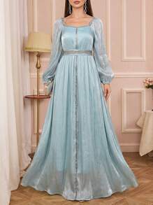 Solessence 女式优雅亮片拼接灯笼袖长裙，春夏，端庄 - 綠色 - 查看 1