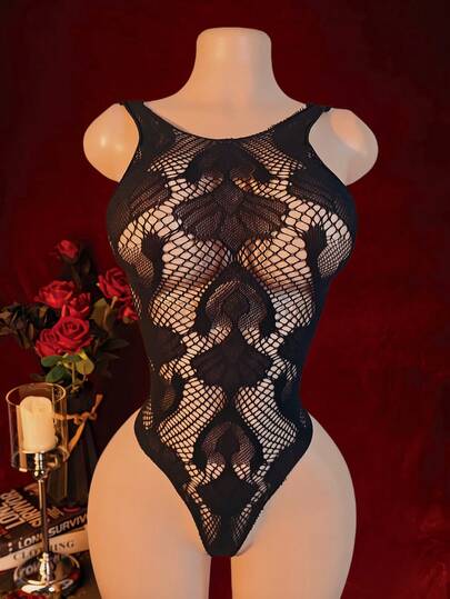 无袖半透明针织吊带连体裤，镂空设计，高弹力