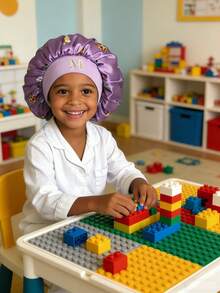 1顶儿童光滑缎面字母睡帽，时尚舒适，透气防滑，日常护发帽 - 彩色 - 查看 2