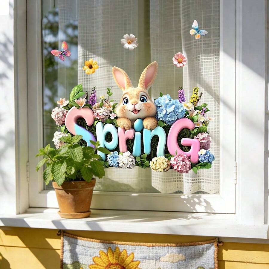 1/2pcs "Spring/Hello" Cute Animal & Floral Window Stickers, Reusable Static Cling, Rabbit & Raccoon Patterns, Suitable For Cafe Windows, Bedroom, Dining Room And Home Decor