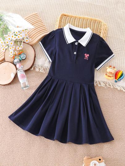 女童优雅翻领短袖连衣裙，休闲学院风A字褶皱运动连衣裙，夏季新品
