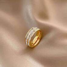 1入組高端不褪色不掉期 Cz 鑲嵌滿星單 / 雙排鑽石指環,時尚百搭適用於情侶,四季皆宜 - 雙圈金色 - 查看 17