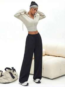 Women's Loose Pleated Solid Color Casual Sweatpants, Spring/Autumn Sports - Black - View 4