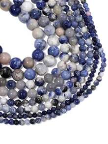 1串天然石珠，蓝色方钠石，抛光圆形光滑宝石珠，适用于珠宝制作，尺寸：4、6、8、10毫米 - 藏蓝色 - 查看 4