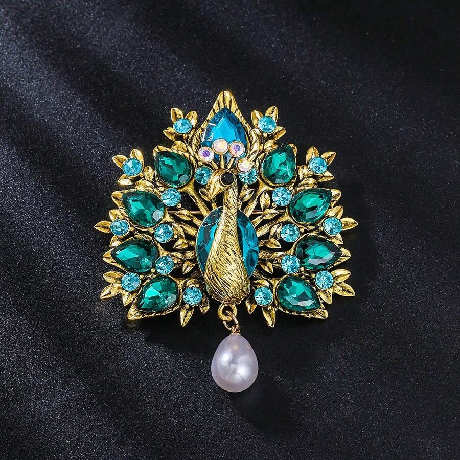 1pc Vintage Zinc Alloy Inlaid Blue Crystal Glass Peacock Brooch, Suitable For Women's Daily Wear - Peacock - View 1