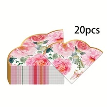 20 pièces/40 pièces/60 pièces, Serviettes en papier imprimées de fleurs et de papillons, Serviettes en papier rose à 2 épaisseurs avec bord festonné doré - Serviettes de cocktail à motifs aquarelle de roses et de pivoines avec design de papillons pour mariage, enterrement de vie de jeune fille et fête de jardin, Serviettes jetables de printemps romantique de jardin - Voir 7