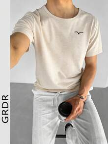 GRDR 男士圆领短袖休闲线条艺术动物印花极简度假T恤，适合夏季穿着，舒适透气，引领时尚潮流 - 杏色 - 查看 2