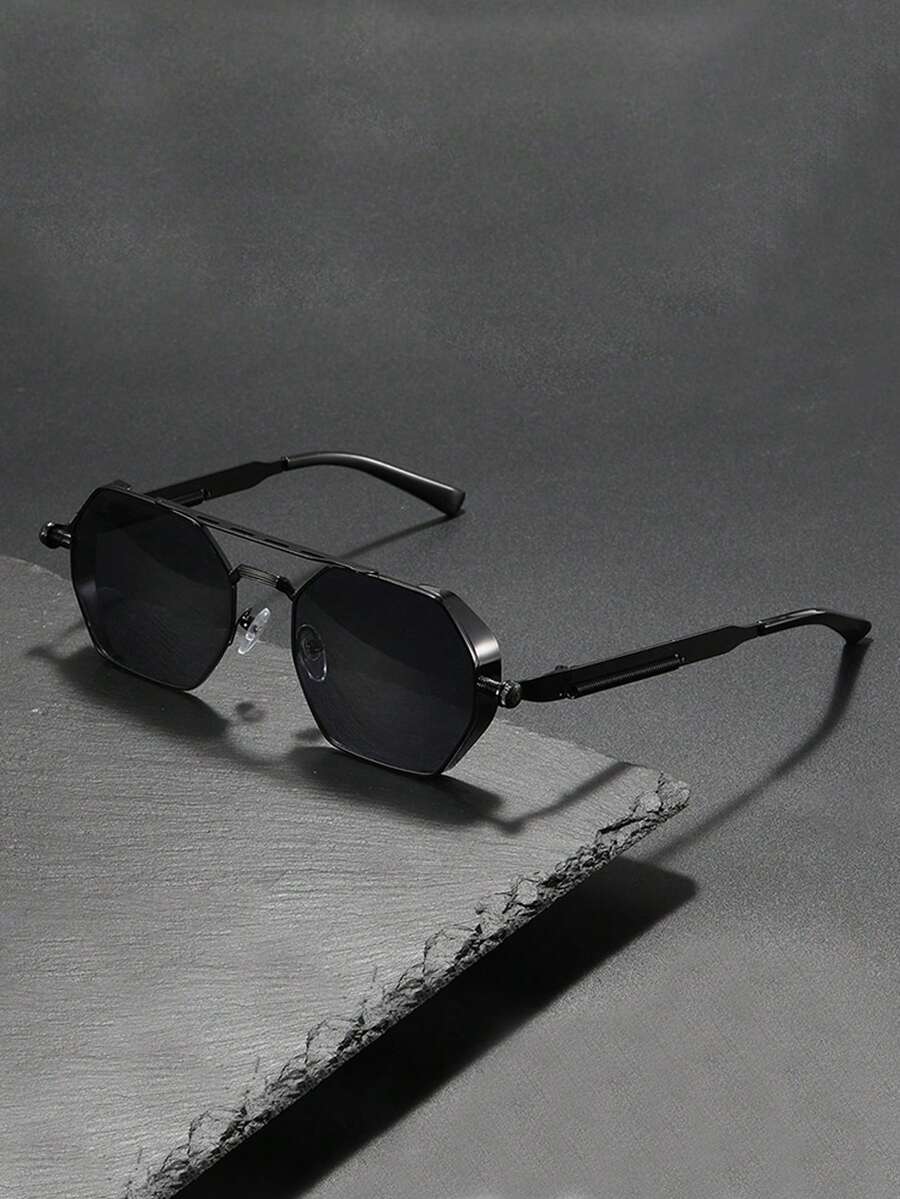 一副男女通用光滑黑色多边形时尚眼镜，合金材质，防紫外线，复古风格，Y2K眼镜，优质镜腿，适合街拍摄影 - 亮黑 - 查看 1