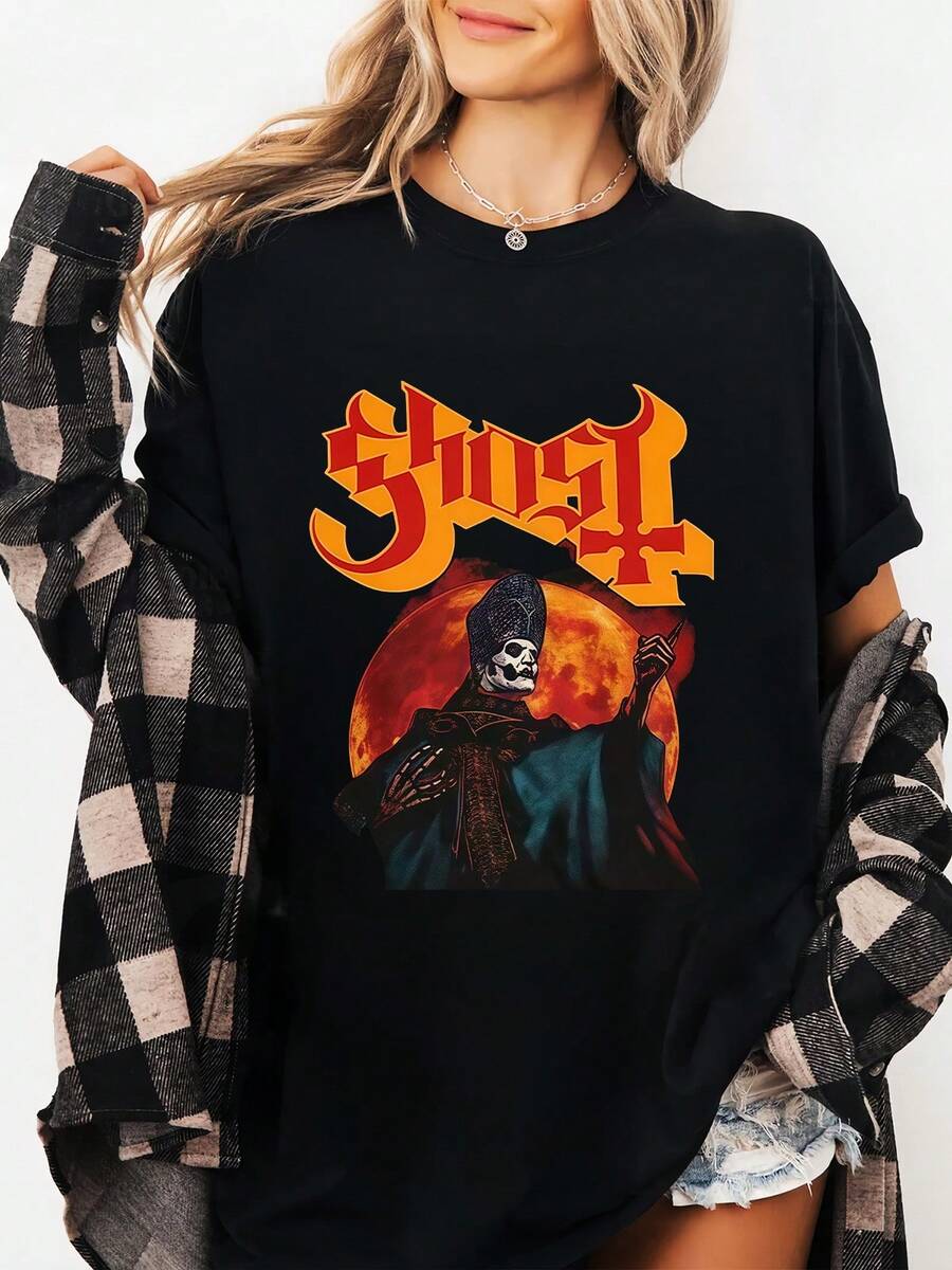 T-shirt Ghost Hunters Mond Band Logo col rond imprimé, T-shirt de sport à manches courtes pour hommes, confortable et polyvalent, 100% coton, 220g - Noir - Voir 1