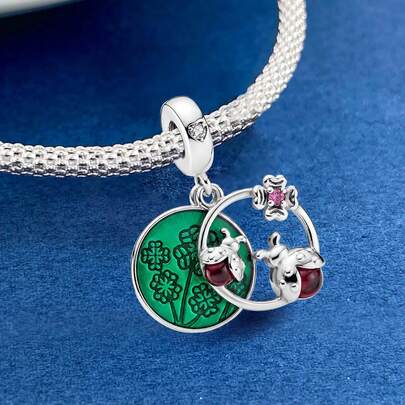 1件925纯银瓢虫四叶草串珠吊坠，适合DIY首饰、日常穿搭装饰、女士礼物