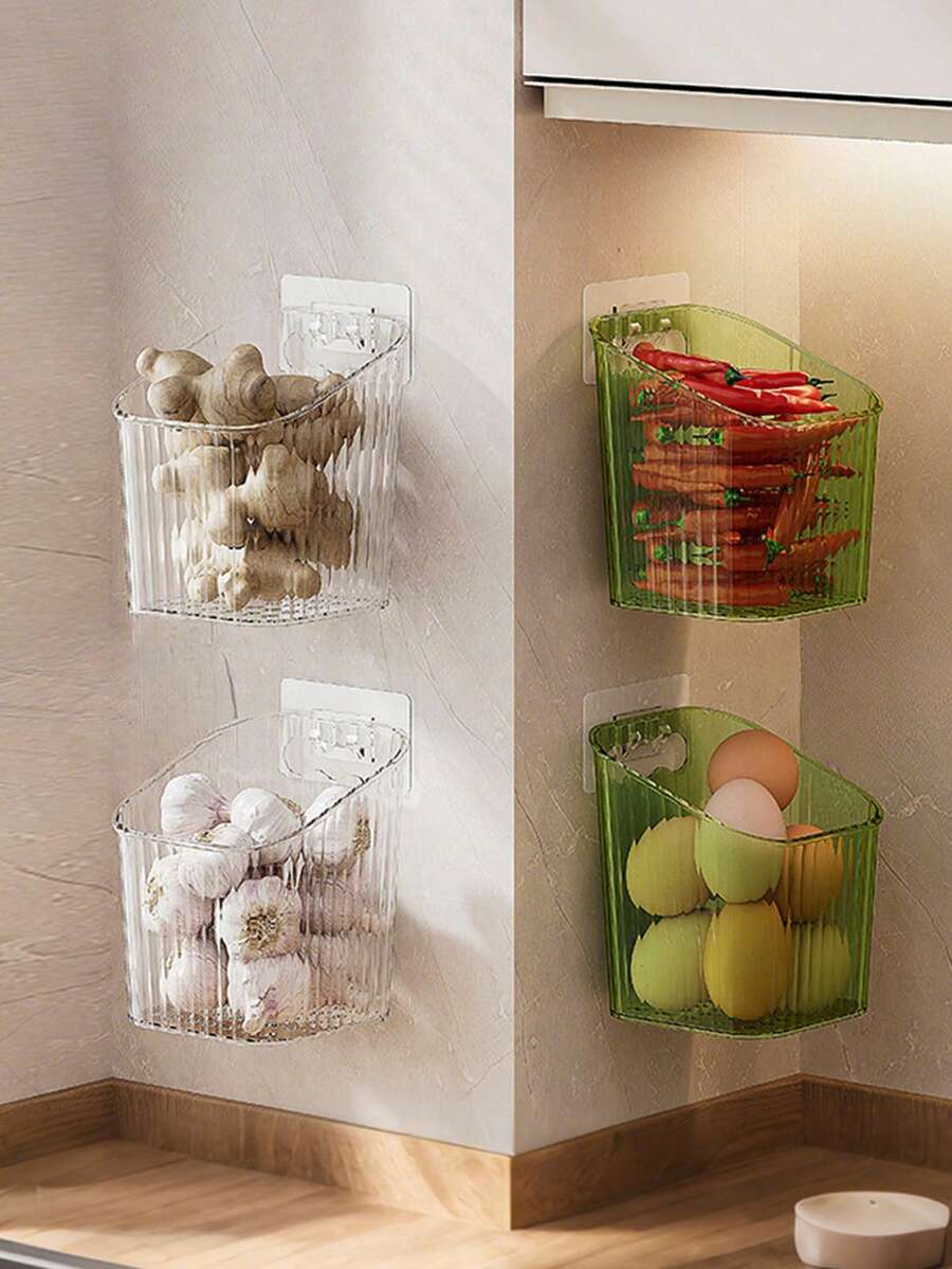多功能食物儲存盒,免鑽孔薑蒜收納盒,廚房壁掛式可視化款式,居家廚房儲物吊籃 - 彩色 - 查看 1