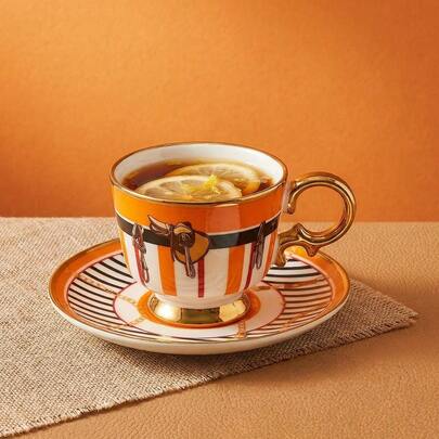 1/6件套橙色边陶瓷咖啡杯碟套装，适用于浓缩咖啡、卡布奇诺、拿铁、花草茶，情侣早餐杯（90毫升/3.04盎司），牛奶杯，茶杯，甜点盘，下午茶，婚礼礼物，适合斋月、开斋节、新年礼物，适用于餐厅、客厅、咖啡馆、甜品店