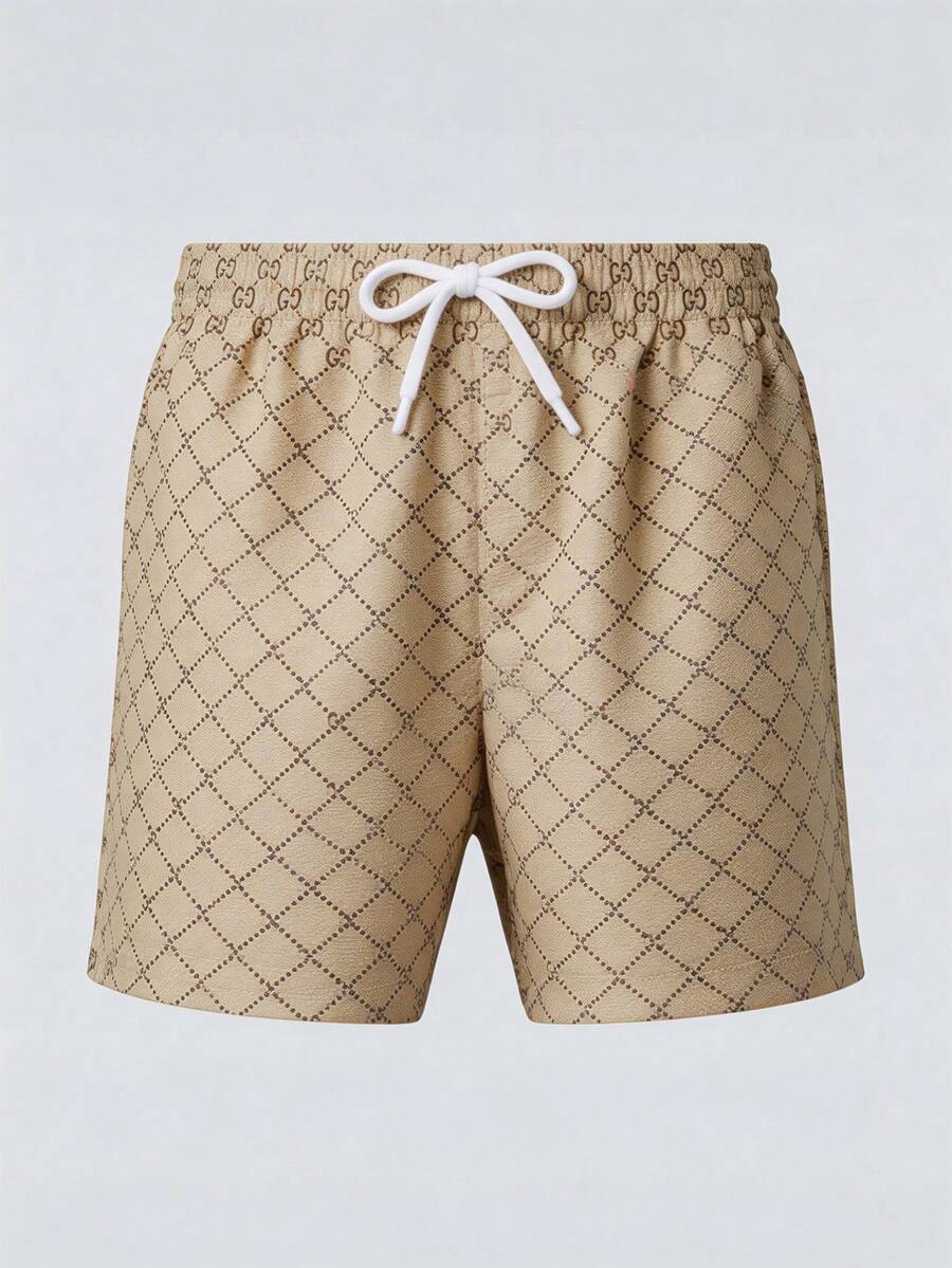Playful Branded Shorts With Multicolor Monogram & Contrast Details - Camel - View 1