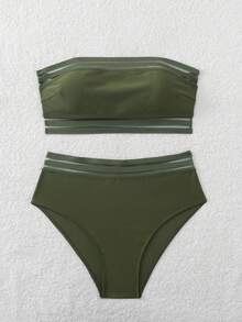 Bộ bikini hai mảnh cạp cao, phối lưới tương phản màu đen trơn, thích hợp cho kỳ nghỉ hè ở bãi biển. - xanh quân đội - Xem 4