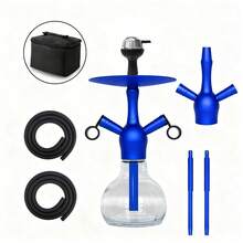 25-Inch Black Aluminum Hookah Set, Premium Modern Glass Hookah Set With Silicone Hose, Glass Water Bottle, And Charcoal Holder - Blue - View 9