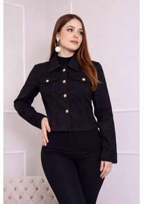 Women's Wool Coat With Fitted Waist And Gold Buttons - Elegant And Warm Short Jacket - Black - View 1