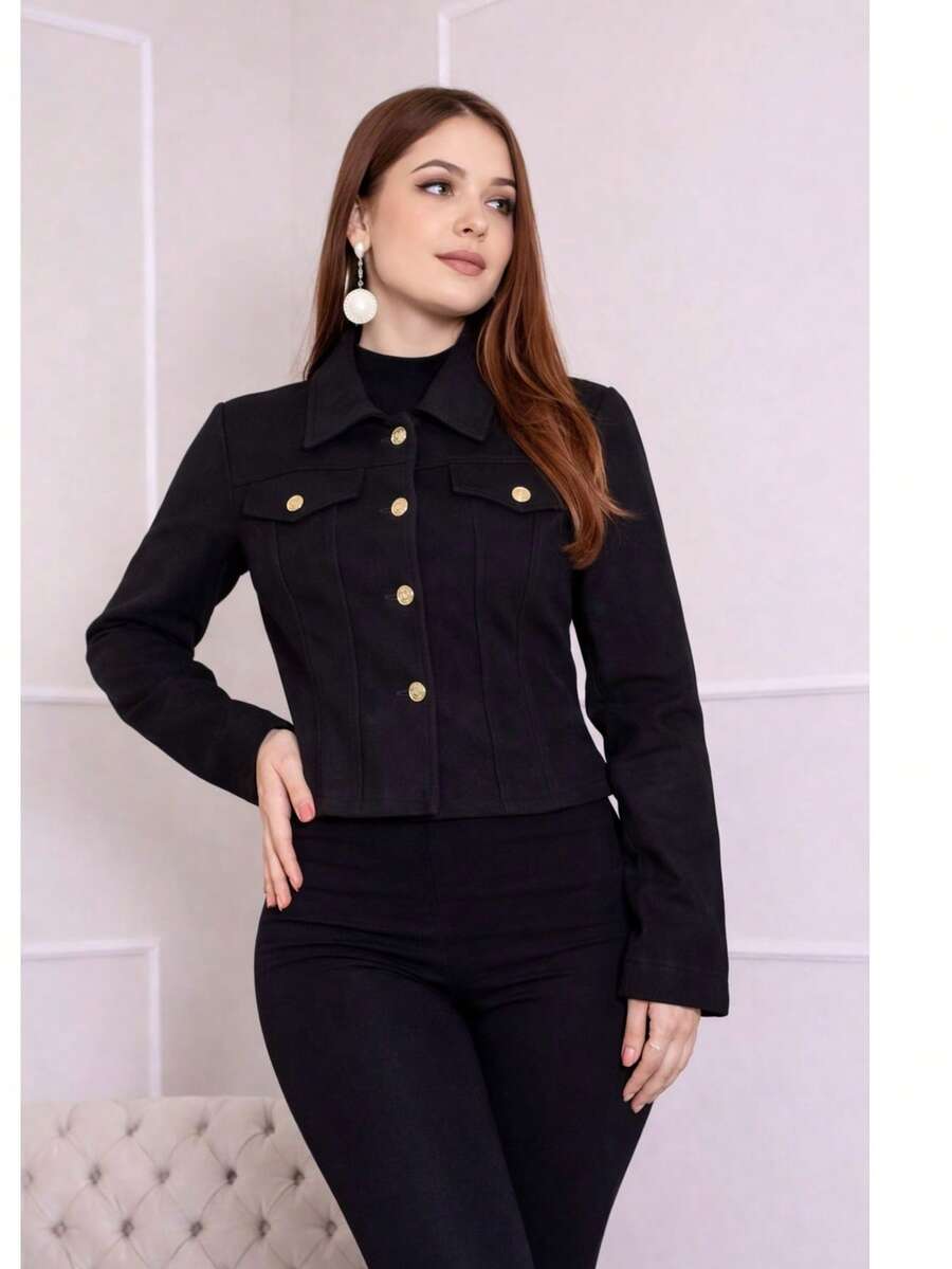 Women's Wool Coat With Fitted Waist And Gold Buttons - Elegant And Warm Short Jacket - Black - View 1