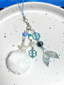 1pc [Ocean Blue Deep Space Mermaid Tail] Pom Pom, Starfish, Shell Phone Charm, Clover Pendant, Blue - Blue - View 5