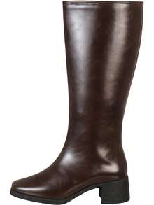 Women's High-Top Boot With Smooth Square Toe And Medium Block Heel - Classic, Comfortable, And Elegant - GiGiL - 咖啡棕 - 查看 4