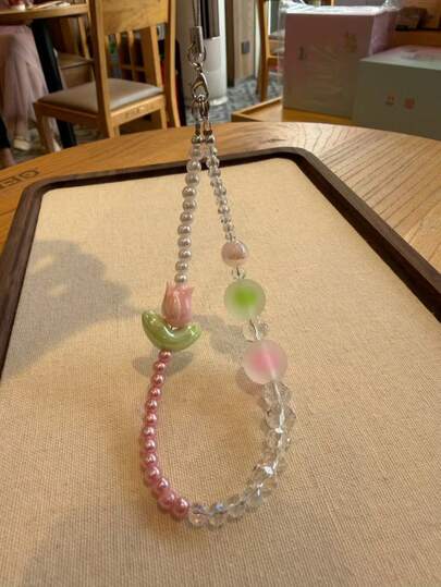 粉色珍珠郁金香串珠手机挂绳 母亲节礼物 手工串珠手机壳挂绳 可拆卸挂绳 相机挂绳 春季礼物