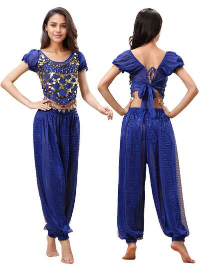 Belly Dance Costume Set, Puff Sleeve Sequin Coin Tassel Crop Top + Transparent Sequin Harem Pants, Performance Party Festival Outfit (Multiple Colors Available)