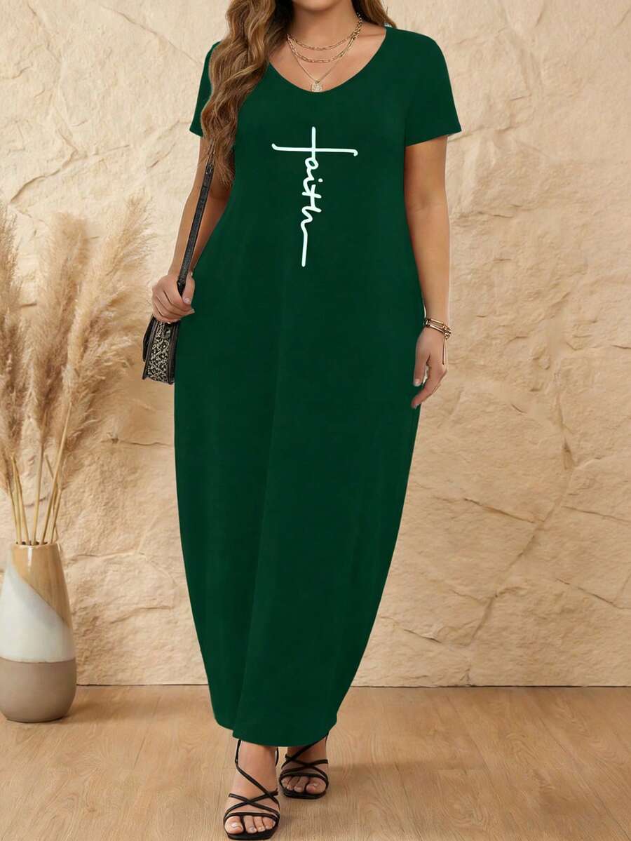 Abito lungo casual con stampa di lettere, elegante per l'estate, taglie comode - Verde Scuro - Visualizzare 1