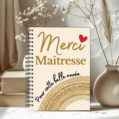 DANPERJI دفتر ملاحظات حلزوني أنيق بتصميم فرنسي "Merci Maitresse" بلون ذهبي وبيج مع تصميم قلب، هدية مثالية لتقدير المعلم للعودة إلى المدرسة أو الكلية أو الاستخدام المكتبي، دفاتر