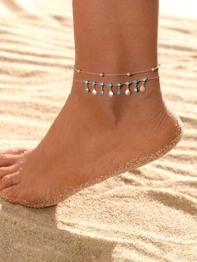 1pc Bright Blue Ocean-Themed Diamond Tassel Shell Pendant Dual-Layer Gold Anklet, Boho Gold Spacer Pearl Shell Tassel Dual-Layer Gold Anklet, Suitable For Women's Summer Beach Vacation Travel Wear, All-Season, Can Be A Lucky Gift For Girlfriend And Mother